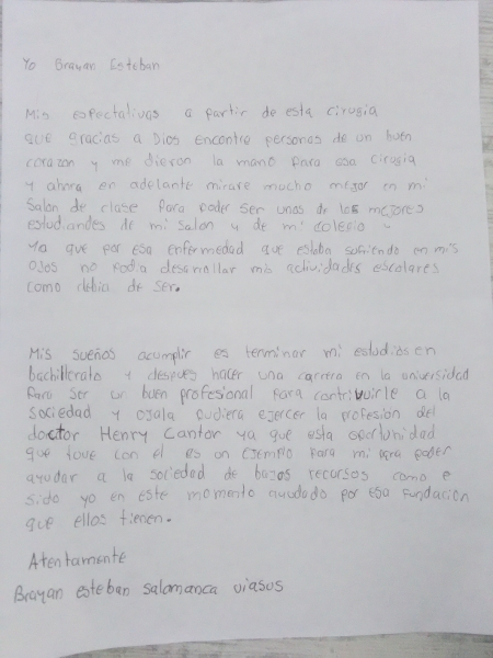 Carta de agradecimiento de Brayan Esteban
